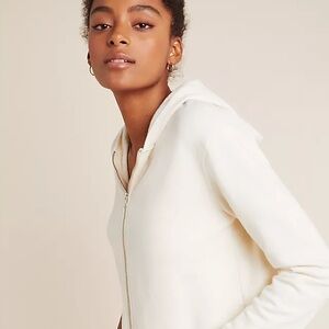 Anthropologie Saturday Sunday Cream Zip-Up Hoodie Ruffle Trim Front Sweatshirt S